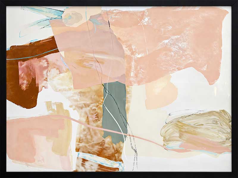 A framed Floating On Air I art print displayed in a lighter toned living space with a white bench, a soft white rug, flowy sheer curtains, and cosy decor.