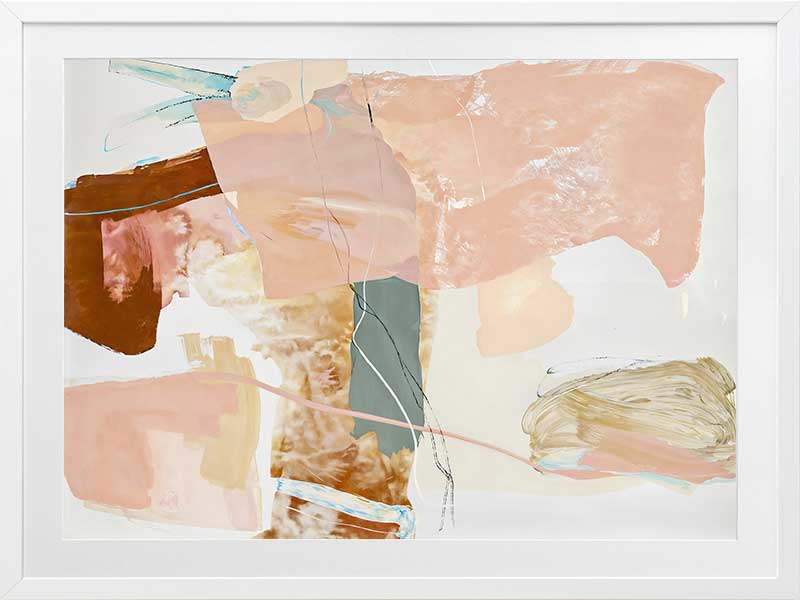 A framed Floating On Air I art print displayed in a lighter toned living space with a white bench, a soft white rug, flowy sheer curtains, and cosy decor.