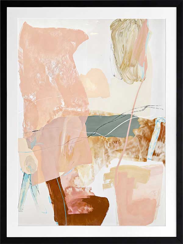 A framed Floating On Air I art print displayed in a lighter toned living space with a white bench, a soft white rug, flowy sheer curtains, and cosy decor.