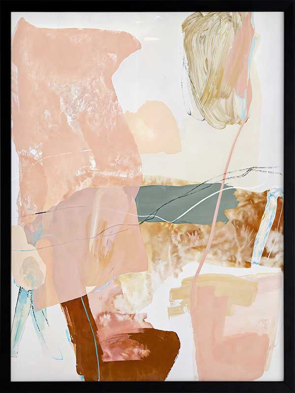 A framed Floating On Air I art print displayed in a lighter toned living space with a white bench, a soft white rug, flowy sheer curtains, and cosy decor.