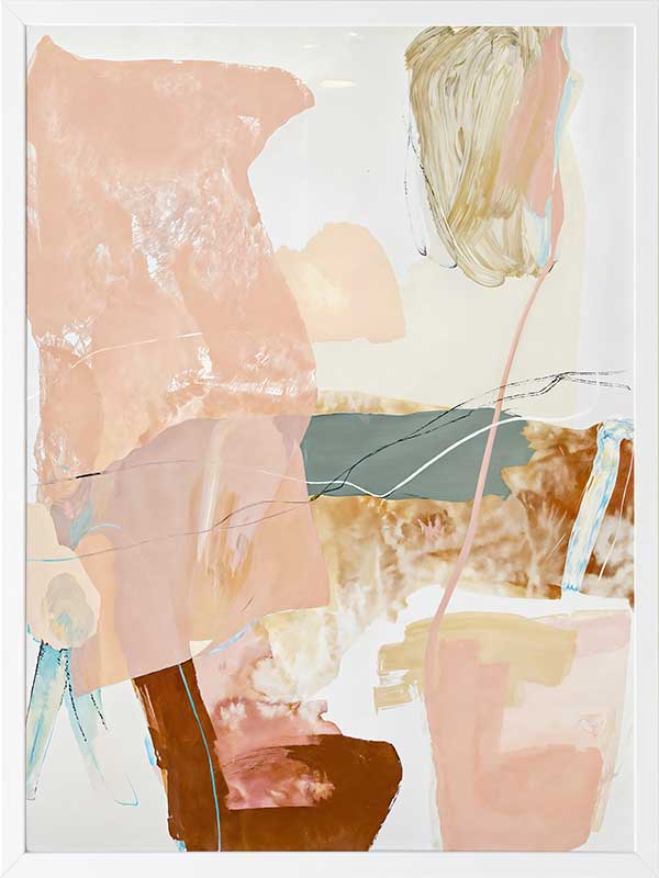 A framed Floating On Air I art print displayed in a lighter toned living space with a white bench, a soft white rug, flowy sheer curtains, and cosy decor.