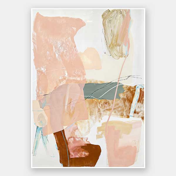 An abstract wall art print titled Floating On Air I, featuring soft blush, brown, and neutral tones with layered, organic textures that evoke the movement of nature.