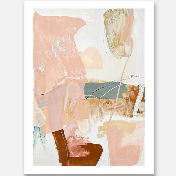 An abstract wall art print titled Floating On Air I, featuring soft blush, brown, and neutral tones with layered, organic textures that evoke the movement of nature.