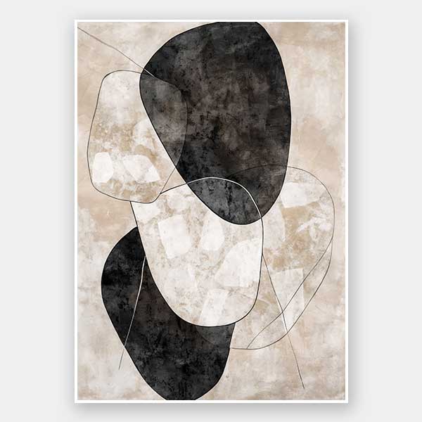 A modern abstract wall art print titled After It Rains II, featuring organic black, white, and taupe forms layered over a textured neutral background.
