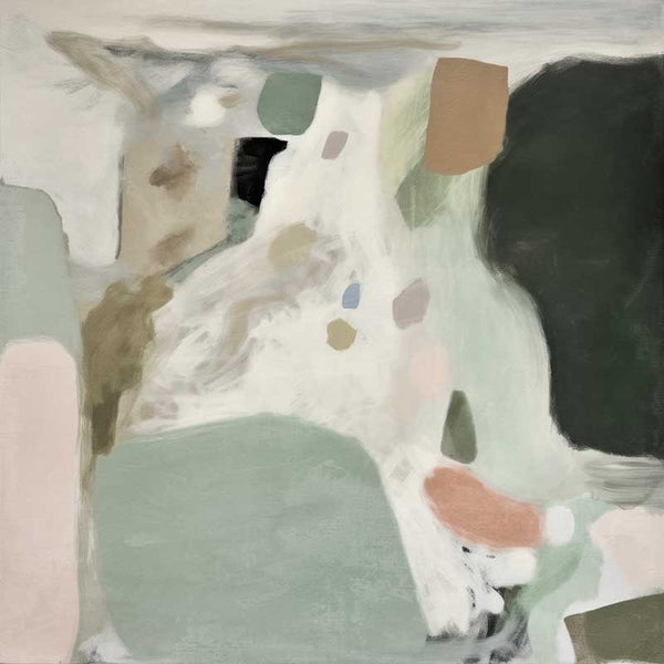 A soft abstract wall art print titled Traces of a Dream I, featuring fluid, organic brushstrokes in sage green, blush, beige, and dark green.