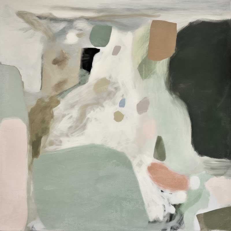 A soft abstract wall art print titled Traces of a Dream I, featuring fluid, organic brushstrokes in sage green, blush, beige, and dark green.