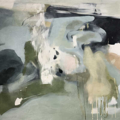 A soft, fluid abstract wall art print titled Traces of a Dream II, featuring organic brushstrokes in sage green, blush, beige, and deep green tones.