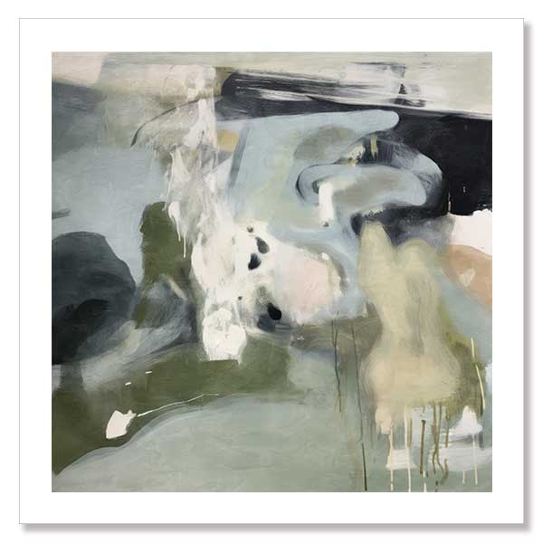 A soft, fluid abstract wall art print titled Traces of a Dream II, featuring organic brushstrokes in sage green, blush, beige, and deep green tones.