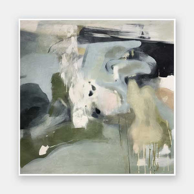 A soft, fluid abstract wall art print titled Traces of a Dream II, featuring organic brushstrokes in sage green, blush, beige, and deep green tones.