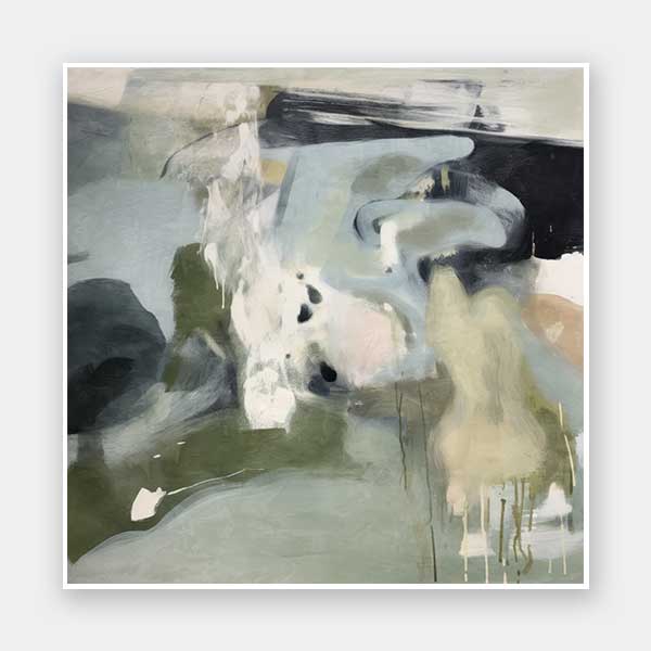 A soft, fluid abstract wall art print titled Traces of a Dream II, featuring organic brushstrokes in sage green, blush, beige, and deep green tones.