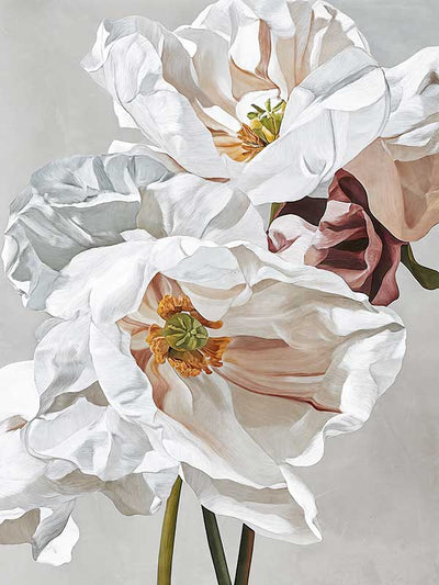 A close-up floral art print titled Belle Fleur, featuring delicate white petals layered with blush and burgundy tones against a soft neutral background.