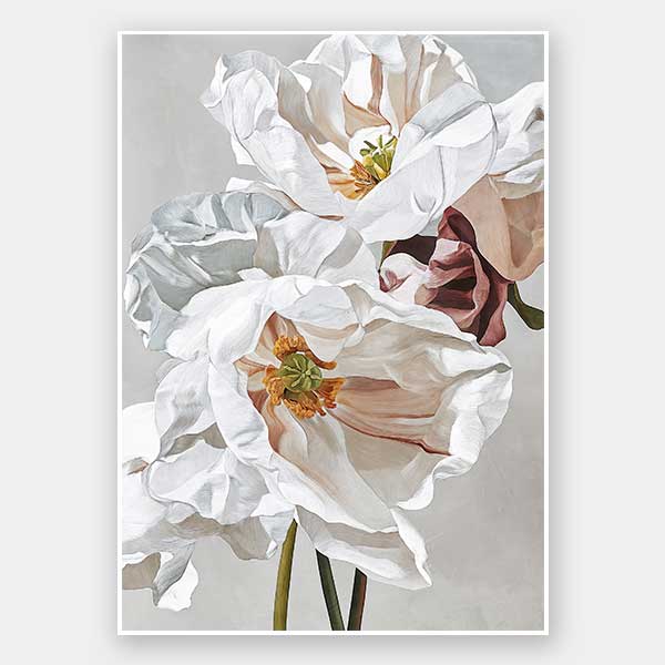 A close-up floral art print titled Belle Fleur, featuring delicate white petals layered with blush and burgundy tones against a soft neutral background.