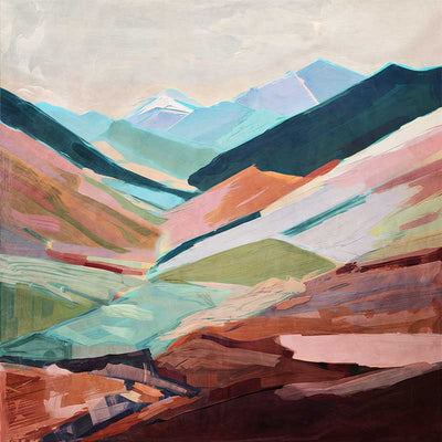 A vibrant abstract landscape art print titled Sun-Kissed Slopes, featuring rolling hills and distant peaks in warm terracotta, sage green, and blue tones.
