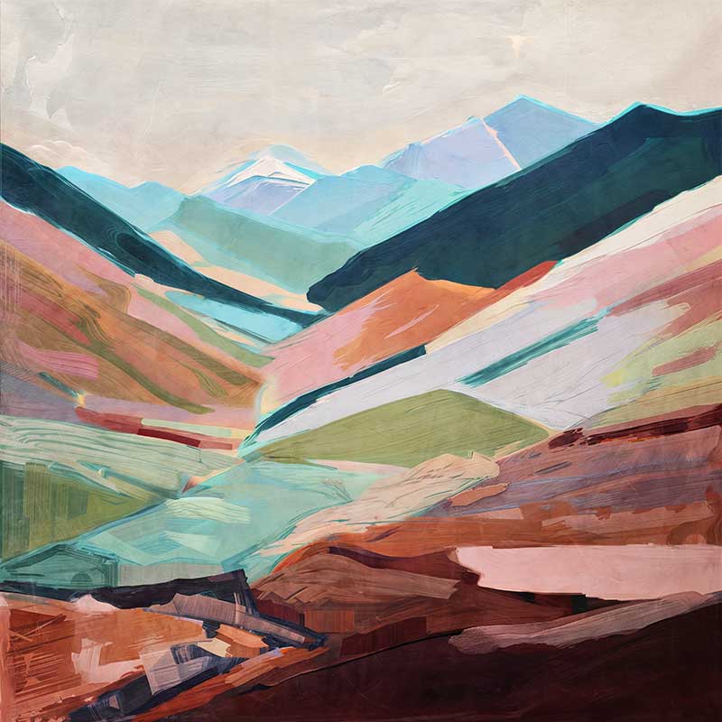 A vibrant abstract landscape art print titled Sun-Kissed Slopes, featuring rolling hills and distant peaks in warm terracotta, sage green, and blue tones.