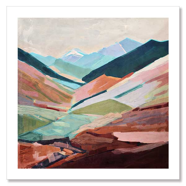 A vibrant abstract landscape art print titled Sun-Kissed Slopes, featuring rolling hills and distant peaks in warm terracotta, sage green, and blue tones.
