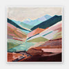 A vibrant abstract landscape art print titled Sun-Kissed Slopes, featuring rolling hills and distant peaks in warm terracotta, sage green, and blue tones.