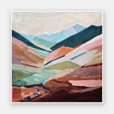 A vibrant abstract landscape art print titled Sun-Kissed Slopes, featuring rolling hills and distant peaks in warm terracotta, sage green, and blue tones.