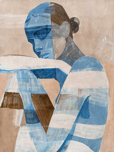 A modern abstract portrait art print titled Celeste, featuring a woman in deep azure and neutral tones, with layered textures and an introspective expression.