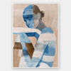 A modern abstract portrait art print titled Celeste, featuring a woman in deep azure and neutral tones, with layered textures and an introspective expression.
