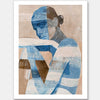 A modern abstract portrait art print titled Celeste, featuring a woman in deep azure and neutral tones, with layered textures and an introspective expression.