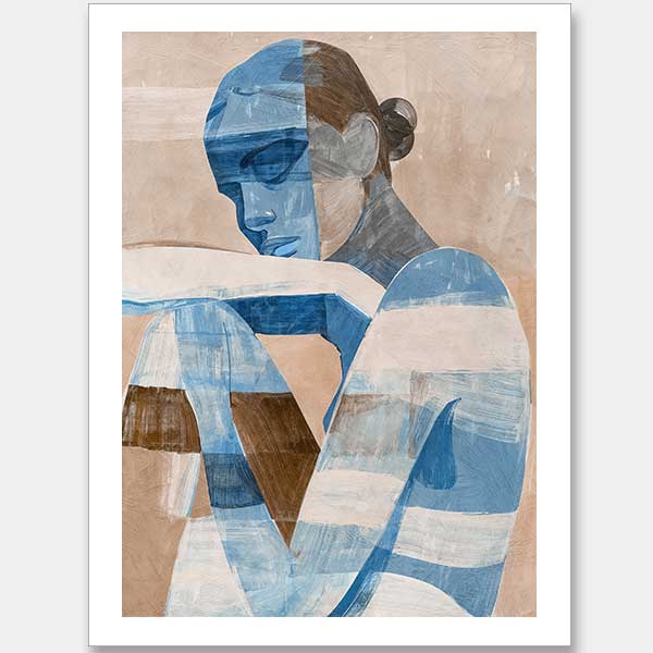 A modern abstract portrait art print titled Celeste, featuring a woman in deep azure and neutral tones, with layered textures and an introspective expression.