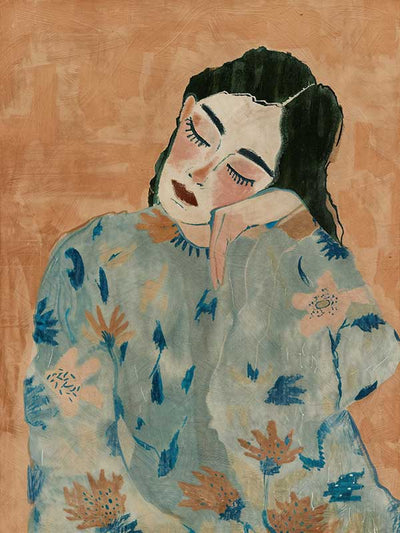 A contemporary figurative art print titled Naomi, featuring a dreamy, contemplative portrait of a woman in soft beige and blue floral tones with delicate brushstrokes.