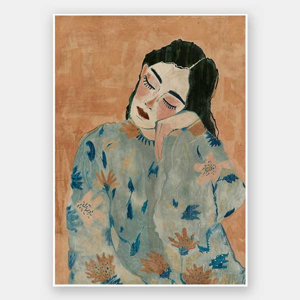 A contemporary figurative art print titled Naomi, featuring a dreamy, contemplative portrait of a woman in soft beige and blue floral tones with delicate brushstrokes.