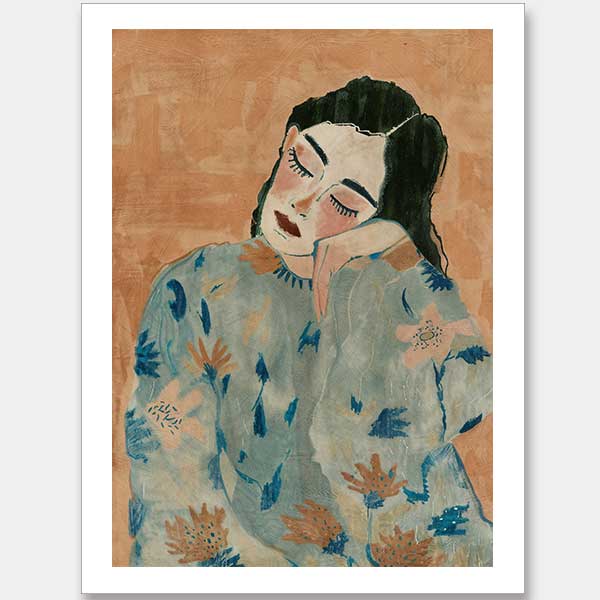 A contemporary figurative art print titled Naomi, featuring a dreamy, contemplative portrait of a woman in soft beige and blue floral tones with delicate brushstrokes.