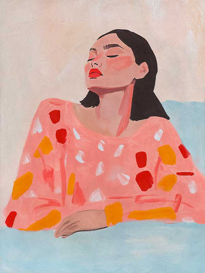 A modern portrait art print titled Carmela, featuring a woman in warm coral, red, and beige hues with confident brushstrokes, embodying strength and elegance.