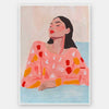 A modern portrait art print titled Carmela, featuring a woman in warm coral, red, and beige hues with confident brushstrokes, embodying strength and elegance.