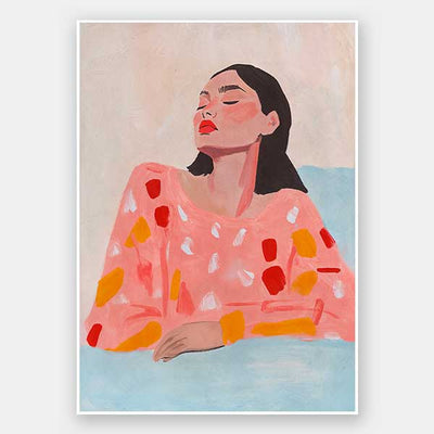 A modern portrait art print titled Carmela, featuring a woman in warm coral, red, and beige hues with confident brushstrokes, embodying strength and elegance.