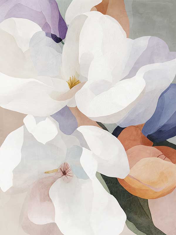 A botanical art print titled Silk Petals I, featuring soft, layered petals in white, blush, and lavender against a warm earthy backdrop, evoking elegance and serenity.