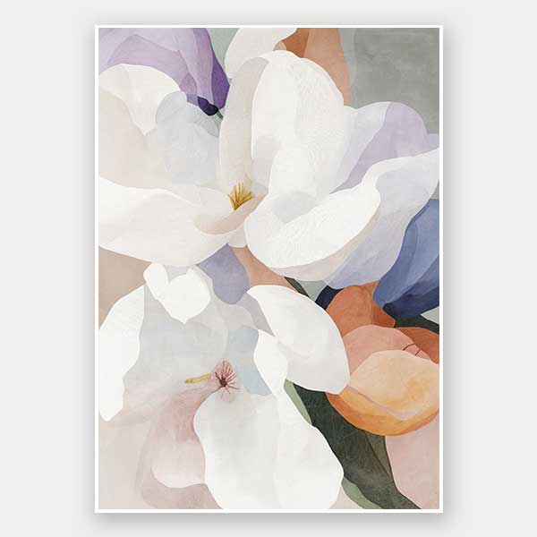 A botanical art print titled Silk Petals I, featuring soft, layered petals in white, blush, and lavender against a warm earthy backdrop, evoking elegance and serenity.