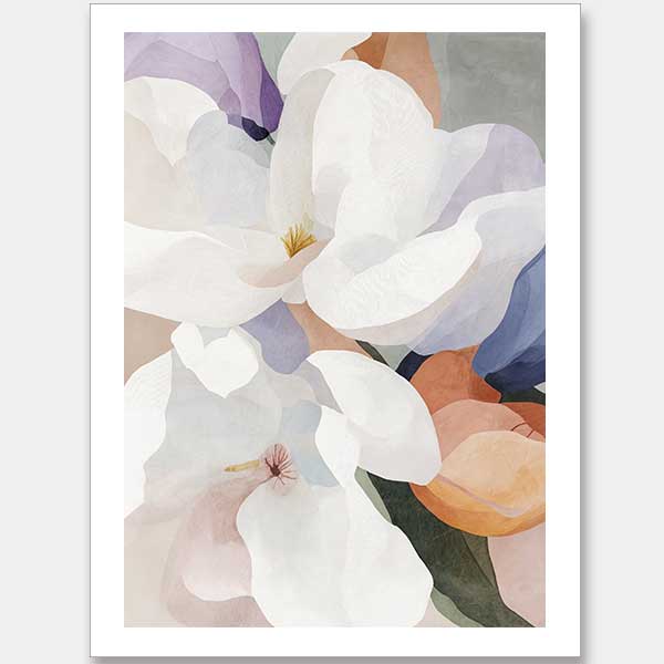 A botanical art print titled Silk Petals I, featuring soft, layered petals in white, blush, and lavender against a warm earthy backdrop, evoking elegance and serenity.