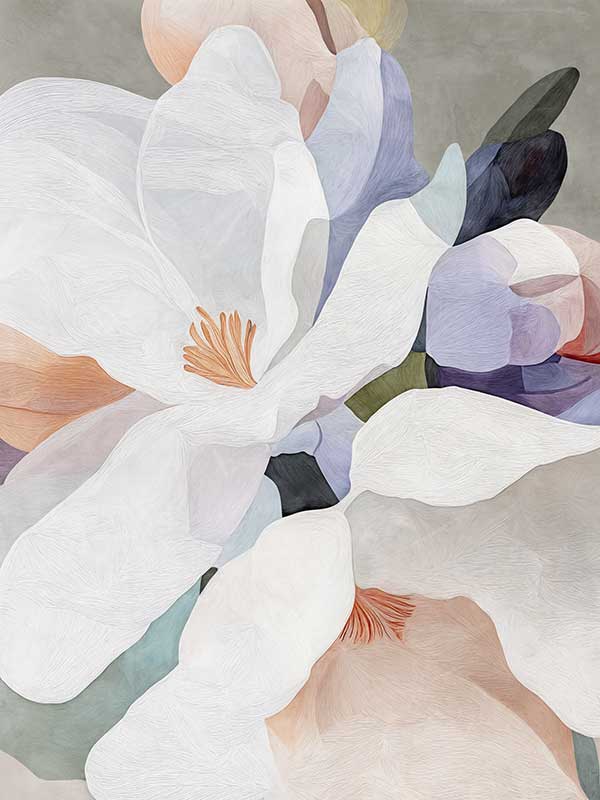 A floral art print titled Silk Petals II, showcasing delicate, overlapping petals in white, blush, and lavender tones against a neutral background, evoking elegance and grace.