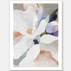 A floral art print titled Silk Petals II, showcasing delicate, overlapping petals in white, blush, and lavender tones against a neutral background, evoking elegance and grace.