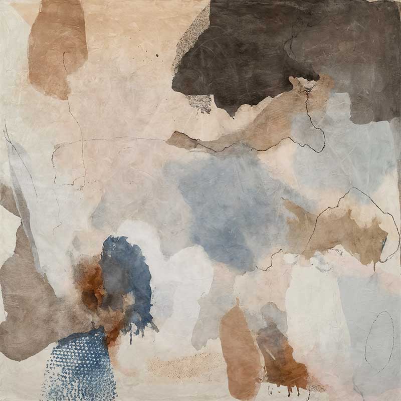 An abstract art print titled Desert Rain I, featuring earthy browns, soft blues, and fluid ink-splatter textures that create depth and movement in a contemporary style.