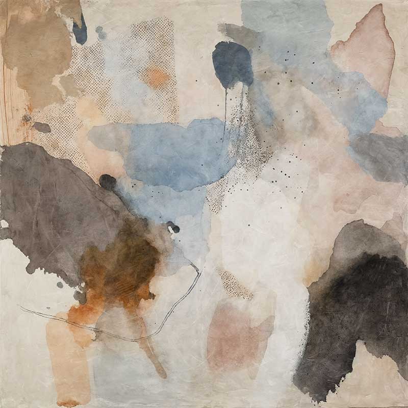 An abstract art print titled Desert Rain II, featuring earthy browns, soft blues, and fluid ink-splatter textures that create depth and movement in a contemporary style.