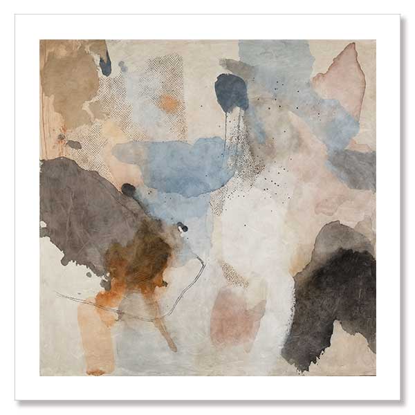 An abstract art print titled Desert Rain II, featuring earthy browns, soft blues, and fluid ink-splatter textures that create depth and movement in a contemporary style.