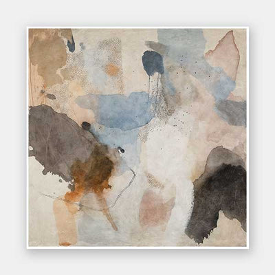 An abstract art print titled Desert Rain II, featuring earthy browns, soft blues, and fluid ink-splatter textures that create depth and movement in a contemporary style.