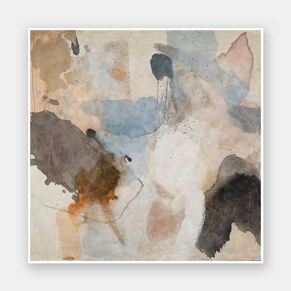 An abstract art print titled Desert Rain II, featuring earthy browns, soft blues, and fluid ink-splatter textures that create depth and movement in a contemporary style.