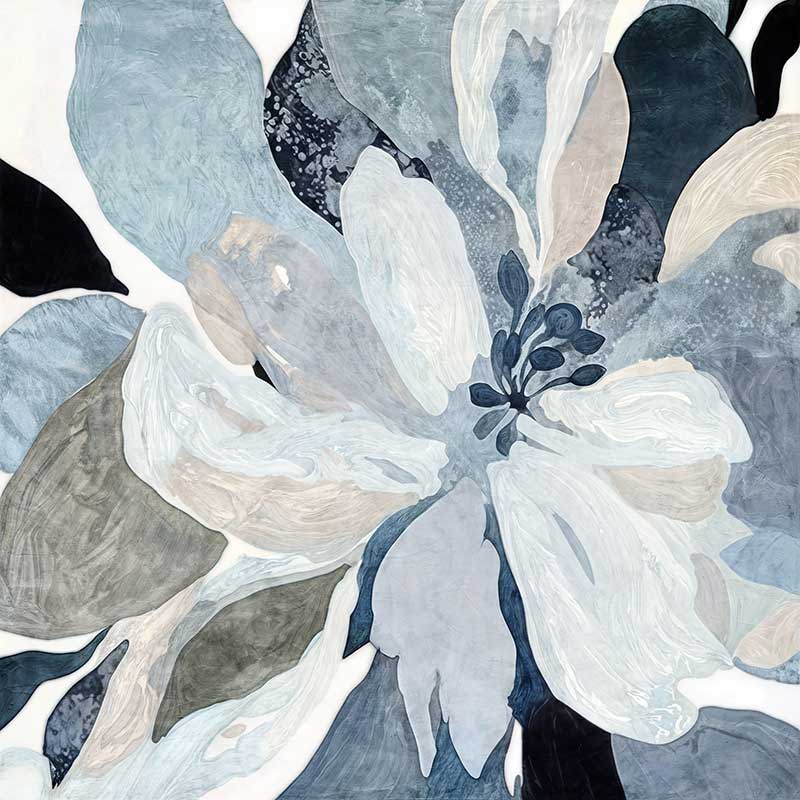 A tranquil abstract landscap-e print titled Blue Mirage I, featuring soft blue, sand, and grey ink-wash tones, creating a peaceful, misty horizon effect.