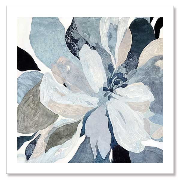 A tranquil abstract landscap-e print titled Blue Mirage I, featuring soft blue, sand, and grey ink-wash tones, creating a peaceful, misty horizon effect.