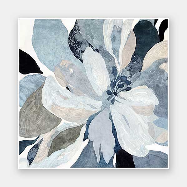 A tranquil abstract landscap-e print titled Blue Mirage I, featuring soft blue, sand, and grey ink-wash tones, creating a peaceful, misty horizon effect.