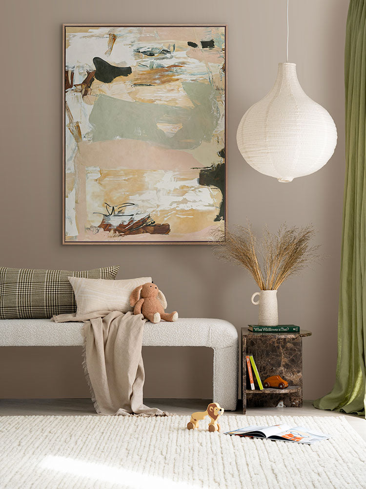 Modern abstract art Earth Echoes II showcasing blush, ivory, and green tones, perfect for contemporary interiors.