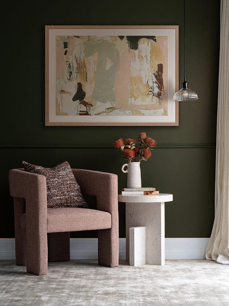 Modern abstract art Earth Echoes II showcasing blush, ivory, and green tones, perfect for contemporary interiors.