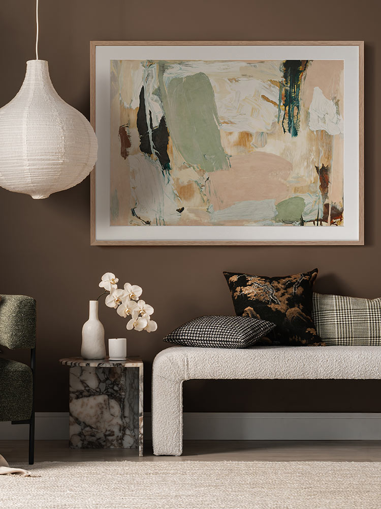 Earth Echoes II abstract artwork in a minimal living room with timber and white furniture and a soft textured rug.