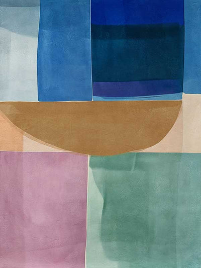 Abstract geometric art Sun Tiles I featuring calming blocks of blues, beige and sea green blocks for contemporary home decor.