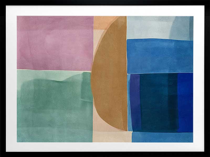 Abstract geometric art Sun Tiles I featuring calming blocks of blues, beige and sea green blocks for contemporary home decor.