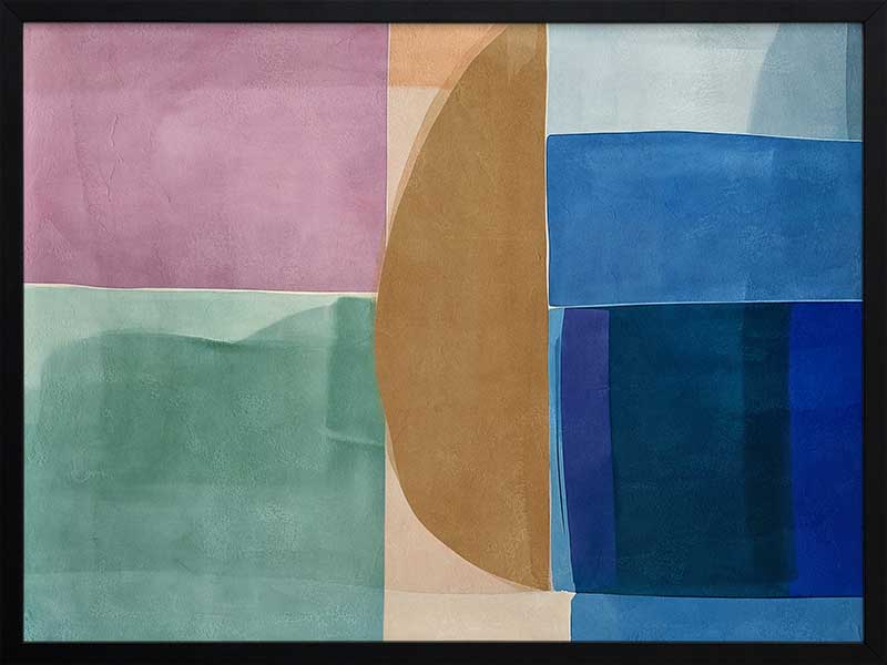 Abstract geometric art Sun Tiles I featuring calming blocks of blues, beige and sea green blocks for contemporary home decor.